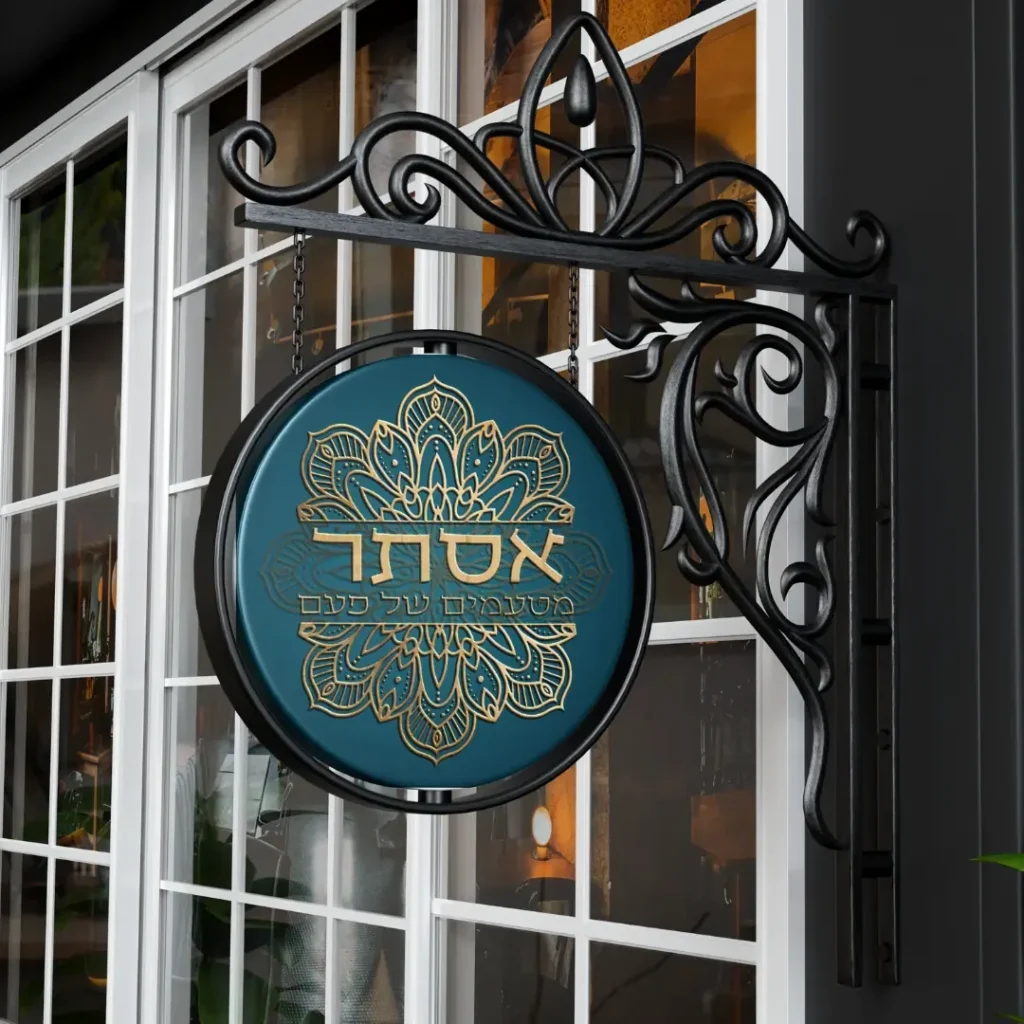 שלט תלוי מעוצב של מסעדת אסתר בגוון טורקיז וזהב על חזית מבנה