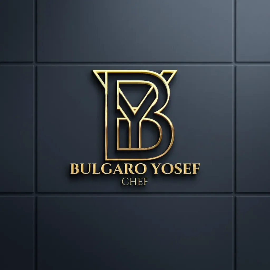 לוגו זהב תלת-ממדי של השף Bulgaro Yosef על קיר כהה