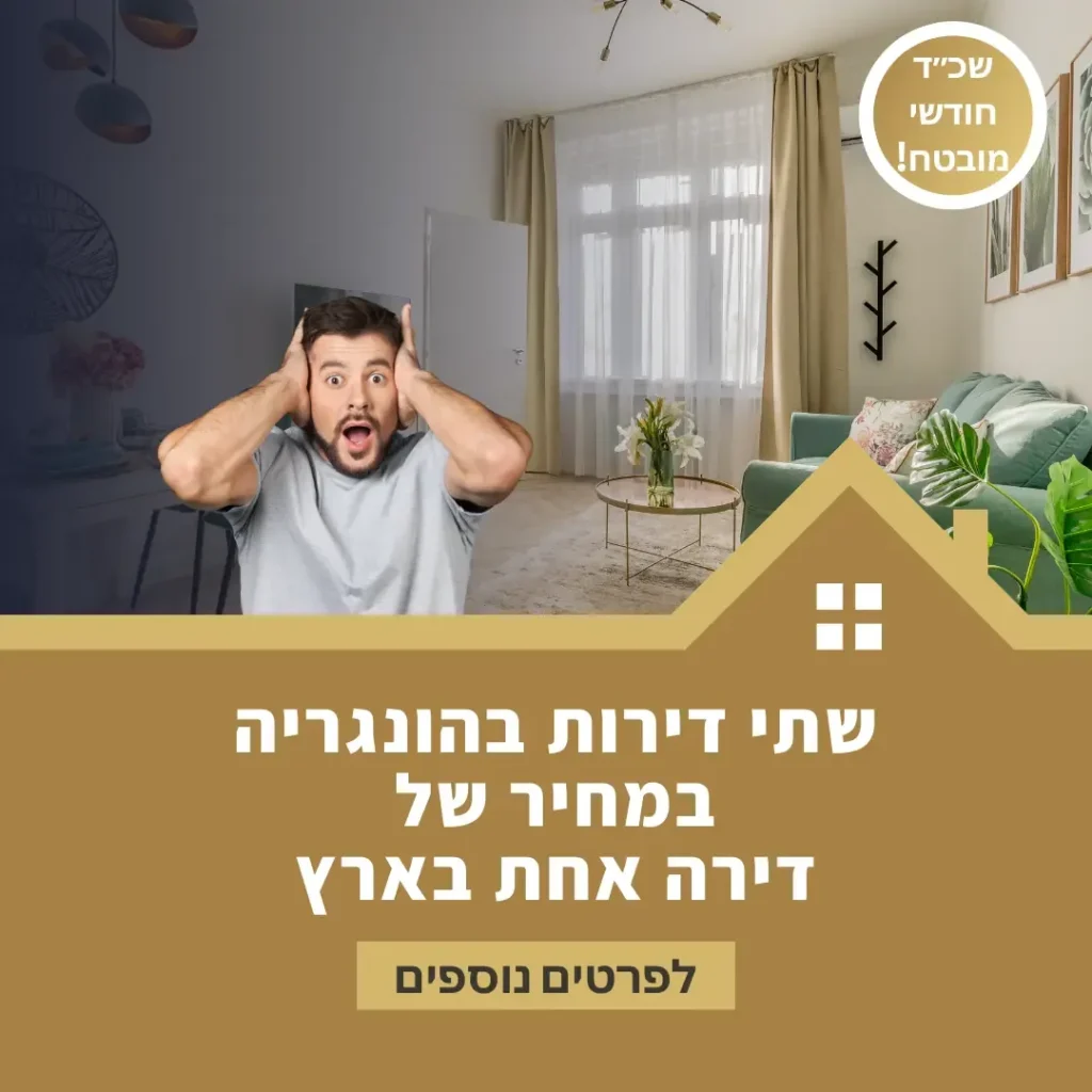 מודעת נדל"ן עם אדם מופתע וכיתוב שתי דירות בהונגריה במחיר דירה אחת