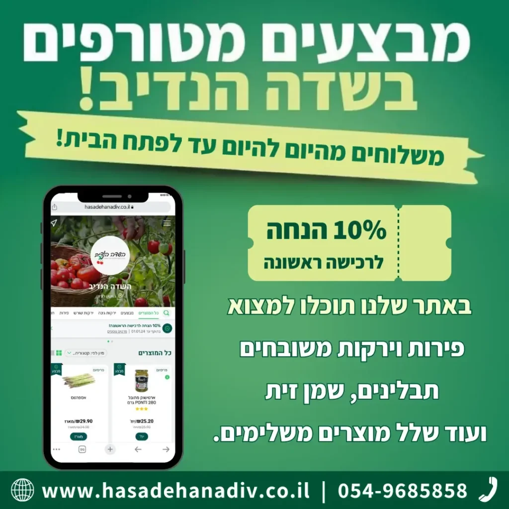 מודעת מבצעים של השדה הנדיב עם צילום מסך של החנות המקוונת בטלפון