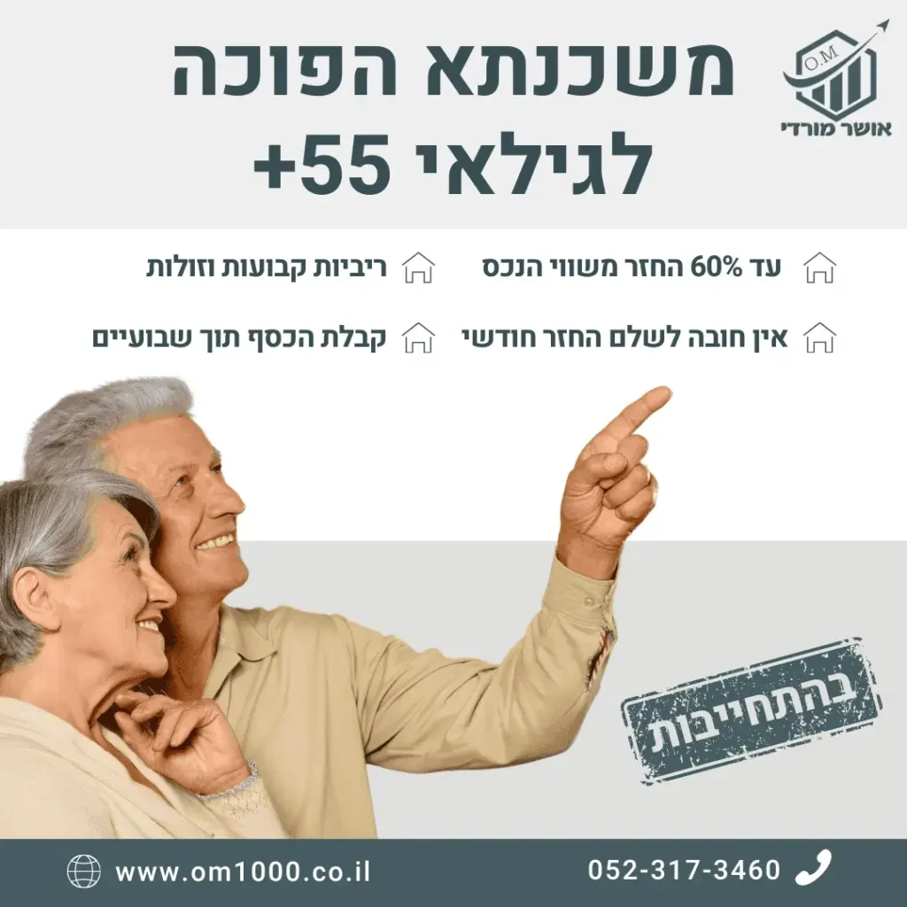 מודעת משכנתא הפוכה לגילאי 55 פלוס עם זוג מבוגר מצביע