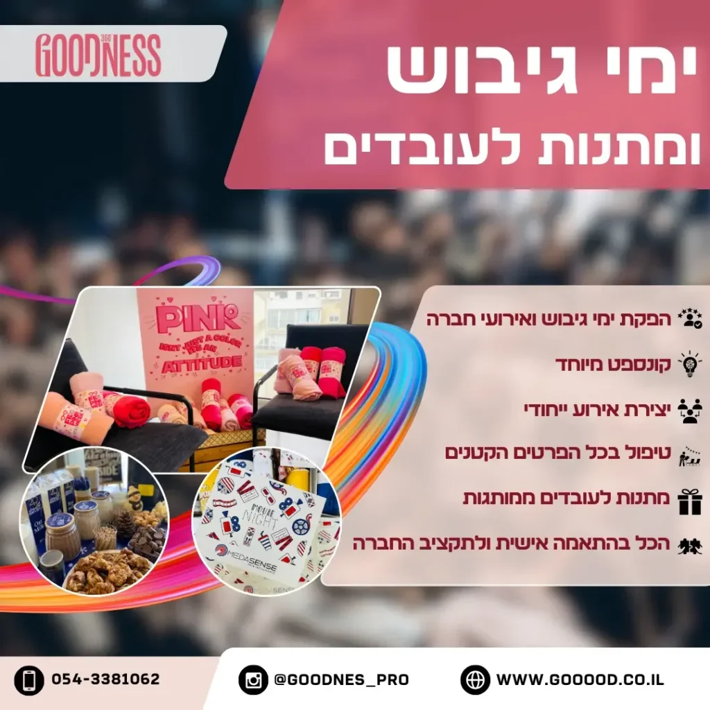 מודעת ימי גיבוש ומתנות לעובדים של GOODNESS עם עמדות מתוקים