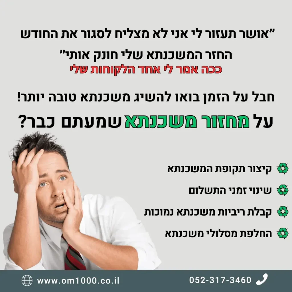 מודעת מחזור משכנתא עם גבר מודאג ורשימת יתרונות המסלול