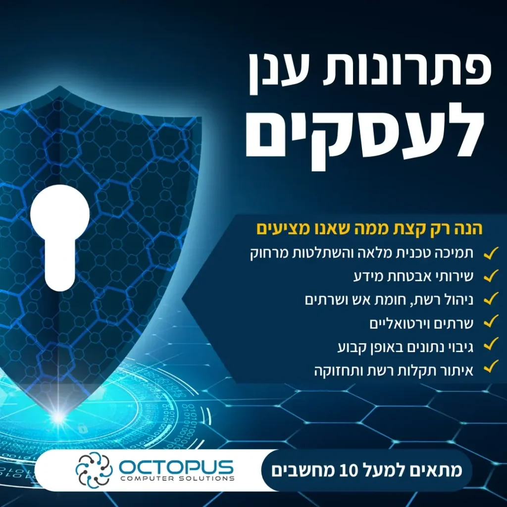 מודעת פתרונות ענן לעסקים של Octopus עם איור מנעול ומגן דיגיטלי