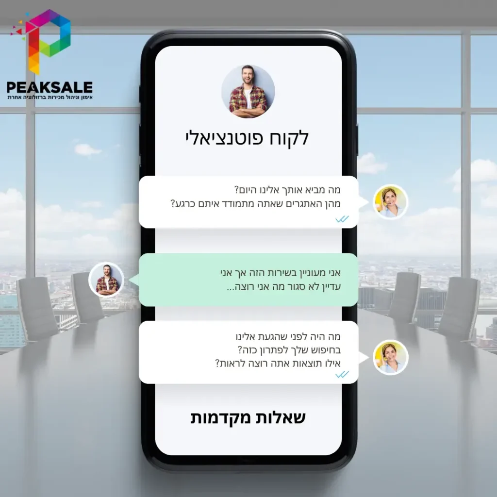 מודעת PEAKSALE עם טלפון המציג שיחת מכירה עם לקוח פוטנציאלי