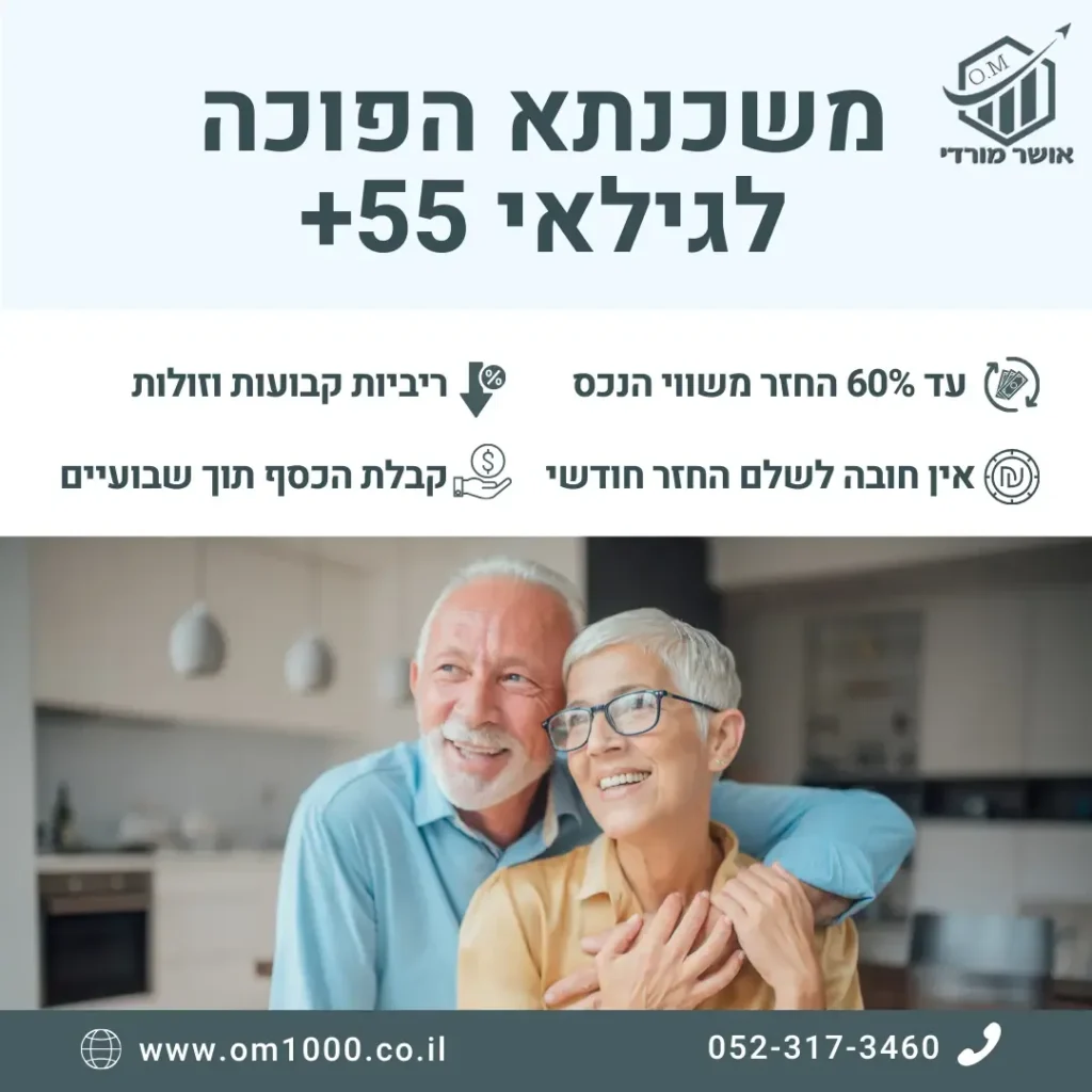 מודעת משכנתא הפוכה לגילאי 55 פלוס עם זוג מבוגר מחייך במטבח
