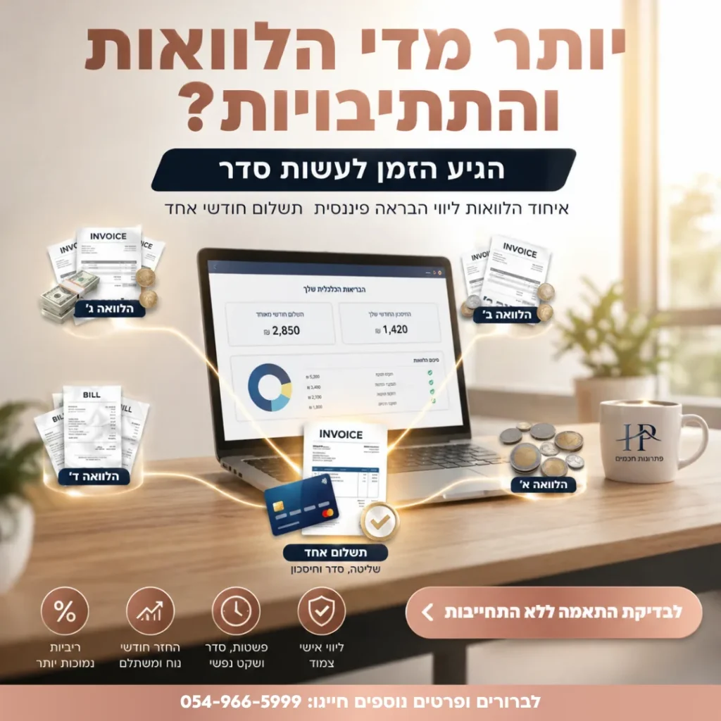 מודעת איחוד הלוואות עם מחשב נייד וחשבוניות מתכנסות לתשלום אחד