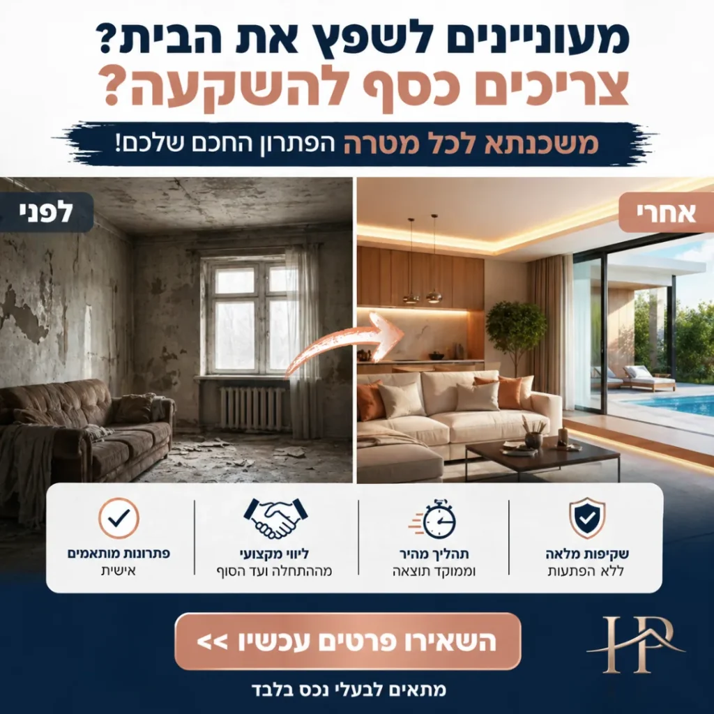 מודעת משכנתא לכל מטרה עם השוואת סלון לפני ואחרי שיפוץ