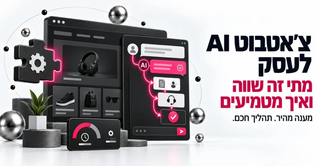 איור תלת ממד של צאטבוט AI שמנהל שיחה עם לקוח בנייד, ובצד הכותרת: צאטבוט AI לעסק, מתי זה שווה ואיך מטמיעים