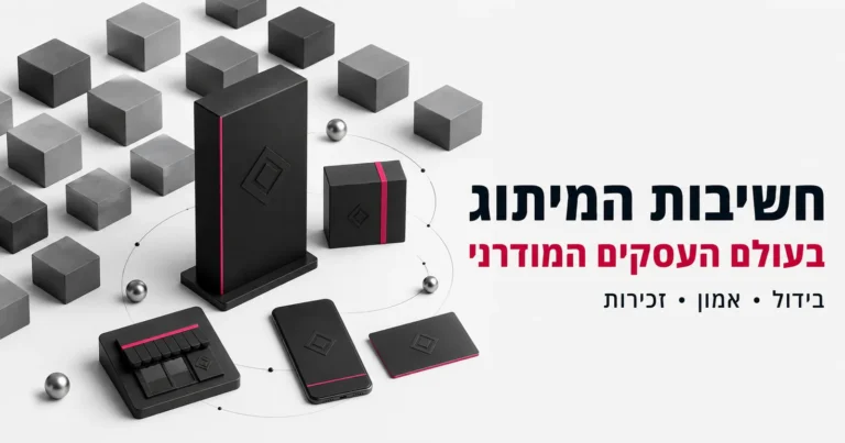 איור תלת-ממדי של קוביות ומוצרי מיתוג בגווני שחור, לצד הכותרת חשיבות המיתוג בעולם העסקים המודרני