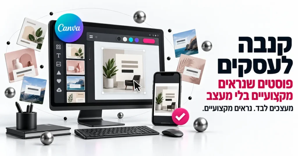 איור תלת ממד של עיצוב פוסט בקנבה עם תבניות וצבעי מותג, ובצד הכותרת: קנבה לעסקים, פוסטים שנראים מקצועיים בלי מעצב