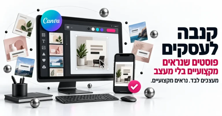 איור תלת ממד של עיצוב פוסט בקנבה עם תבניות וצבעי מותג, ובצד הכותרת: קנבה לעסקים, פוסטים שנראים מקצועיים בלי מעצב