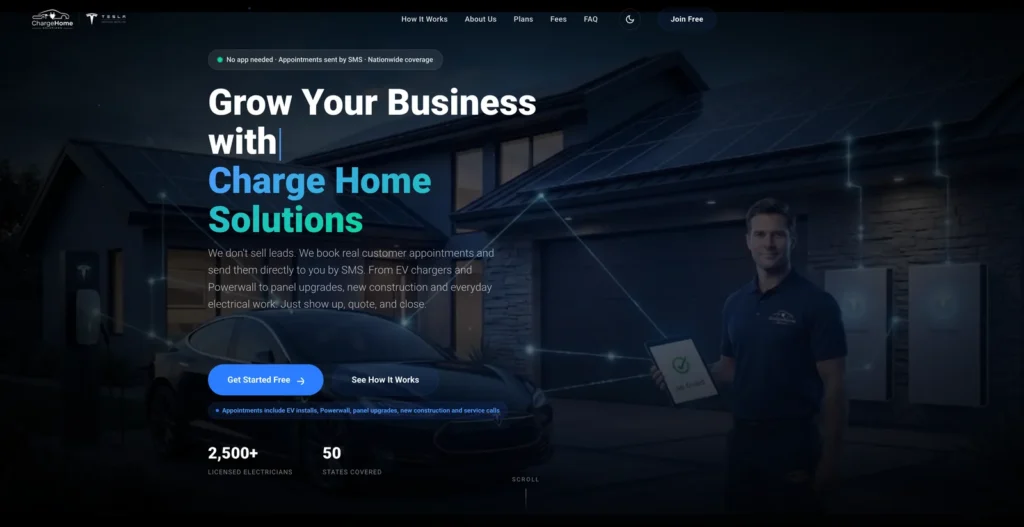צילום מסך של דף נחיתה לגיוס קבלני חשמל לרשת Charge Home Solutions, בתצוגת מחשב