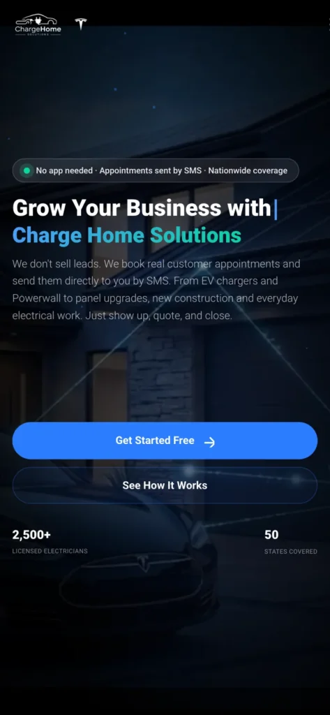 צילום מסך של דף נחיתה לגיוס קבלני חשמל לרשת Charge Home Solutions, בתצוגת מובייל