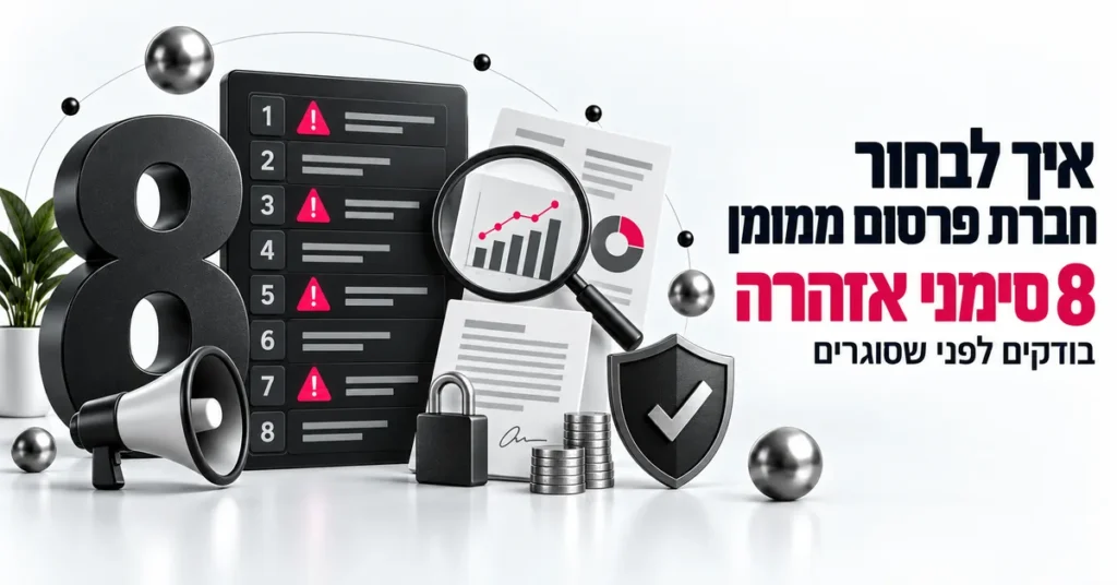 איור תלת ממד של בדיקת חברת פרסום ממומן עם סימני אזהרה אדומים, ובצד הכותרת: איך לבחור חברת פרסום ממומן, 8 סימני אזהרה