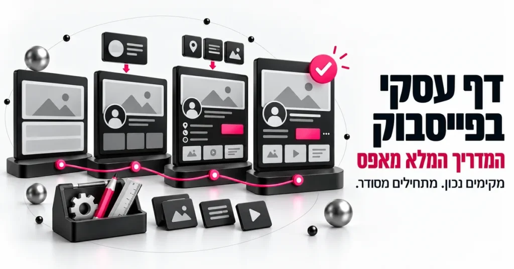 איור תלת ממד של יצירת דף עסקי בפייסבוק על מסך מחשב ונייד, ובצד הכותרת: דף עסקי בפייסבוק 2026, המדריך המלא מאפס