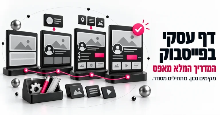 איור תלת ממד של יצירת דף עסקי בפייסבוק על מסך מחשב ונייד, ובצד הכותרת: דף עסקי בפייסבוק 2026, המדריך המלא מאפס