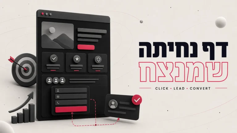 איור תלת-ממדי של דף נחיתה עם מטרה וחץ וגרף עולה, לצד הכותרת דף נחיתה שמנצח