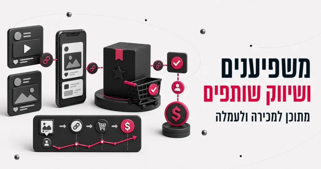 איור תלת-ממדי של טלפון עם תוכן ואייקוני מכירה ועמלה, לצד הכותרת משפיענים ושיווק שותפים