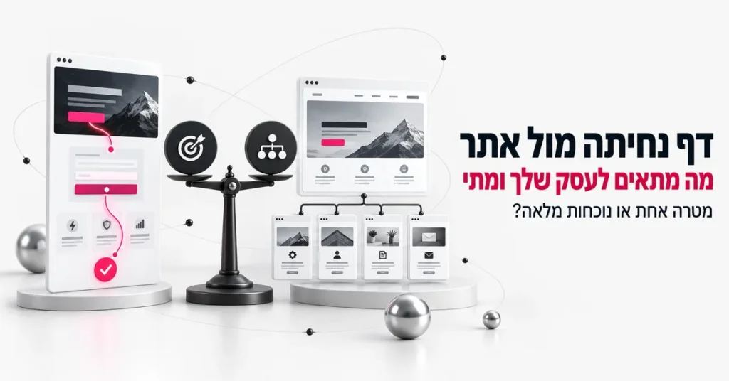 איור תלת ממד המשווה בין דף נחיתה יחיד לאתר מרובה עמודים, ובצד הכותרת: דף נחיתה מול אתר, מה מתאים לעסק שלך ומתי