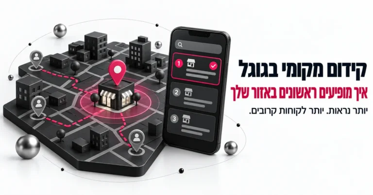 איור תלת ממד של סיכת מיקום על מפה לצד כרטיס עסק בגוגל, ובצד הכותרת: קידום מקומי בגוגל, איך מופיעים ראשונים באזור שלך