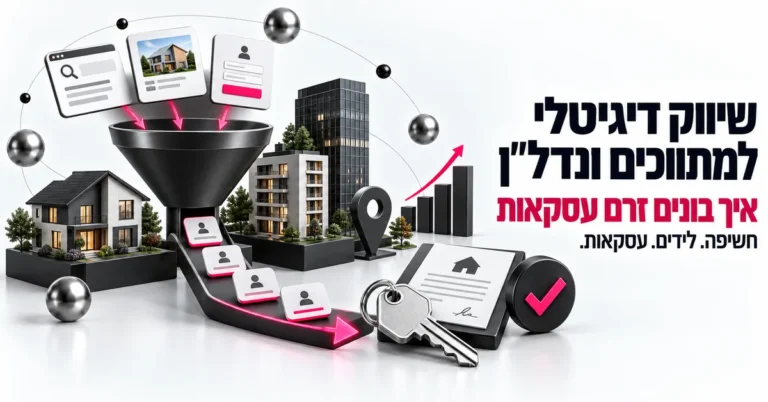 איור תלת ממד של שיווק דיגיטלי לנדלן עם מפתח בית, מודעות ולידים נכנסים, ובצד הכותרת: שיווק דיגיטלי למתווכים ונדלן, איך בונים זרם עסקאות