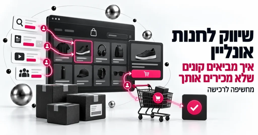 איור תלת ממד של חנות אונליין עם עגלת קניות וקונים חדשים נכנסים, ובצד הכותרת: שיווק לחנות אונליין, איך מביאים קונים שלא מכירים אותך