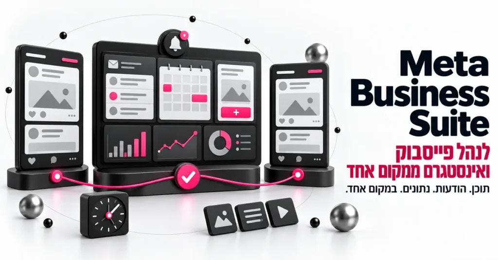 איור תלת ממד של ממשק Meta Business Suite המחבר בין פייסבוק לאינסטגרם, ובצד הכותרת: Meta Business Suite, לנהל פייסבוק ואינסטגרם ממקום אחד