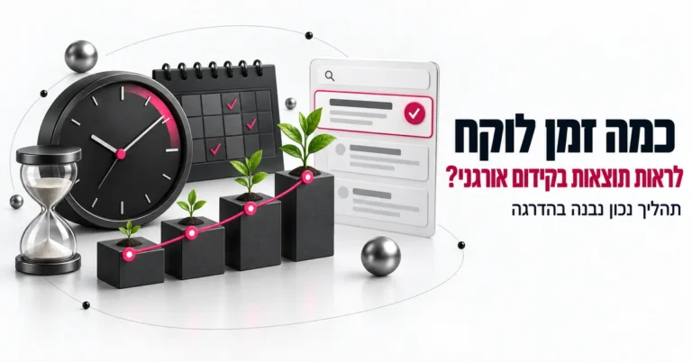 איור תלת ממד של ציר זמן עם שעון וגרף מתקדם, ובצד הכותרת: כמה זמן לוקח לראות תוצאות בקידום אורגני