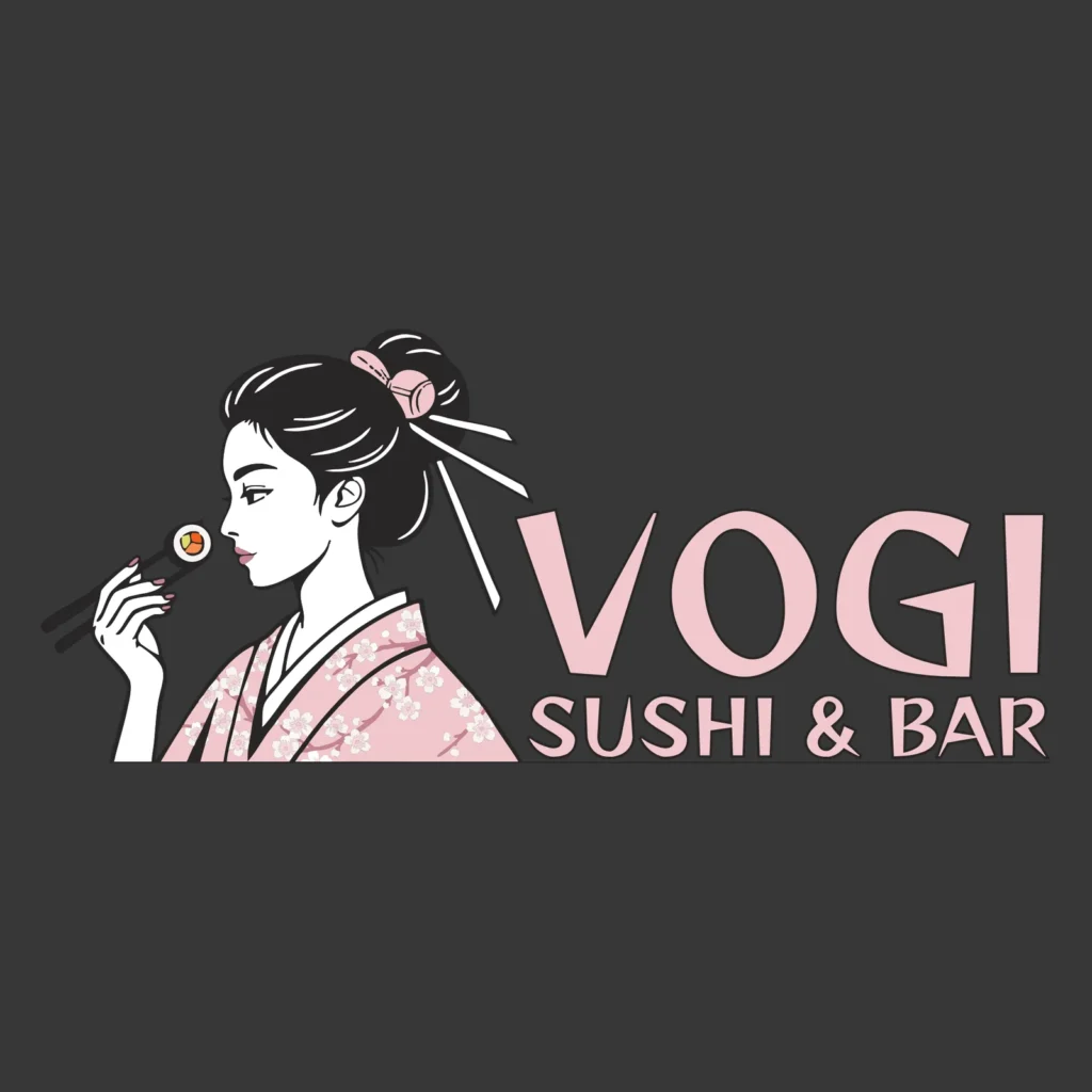 לוגו VOGI Sushi & Bar עם איור אישה בקימונו אוחזת סושי במקלות, בגווני ורוד ולבן על רקע כהה