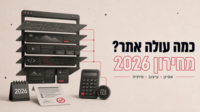 איור תלת-ממדי של שכבות עמודי אתר ומחשבון, לצד הכותרת כמה עולה אתר מחירון 2026