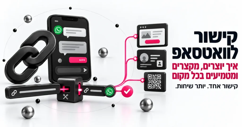 איור תלת ממד של קישור וואטסאפ וקוד QR שפותחים שיחה בנייד, ובצד הכותרת: קישור לוואטסאפ, איך יוצרים, מקצרים ומטמיעים בכל מקום