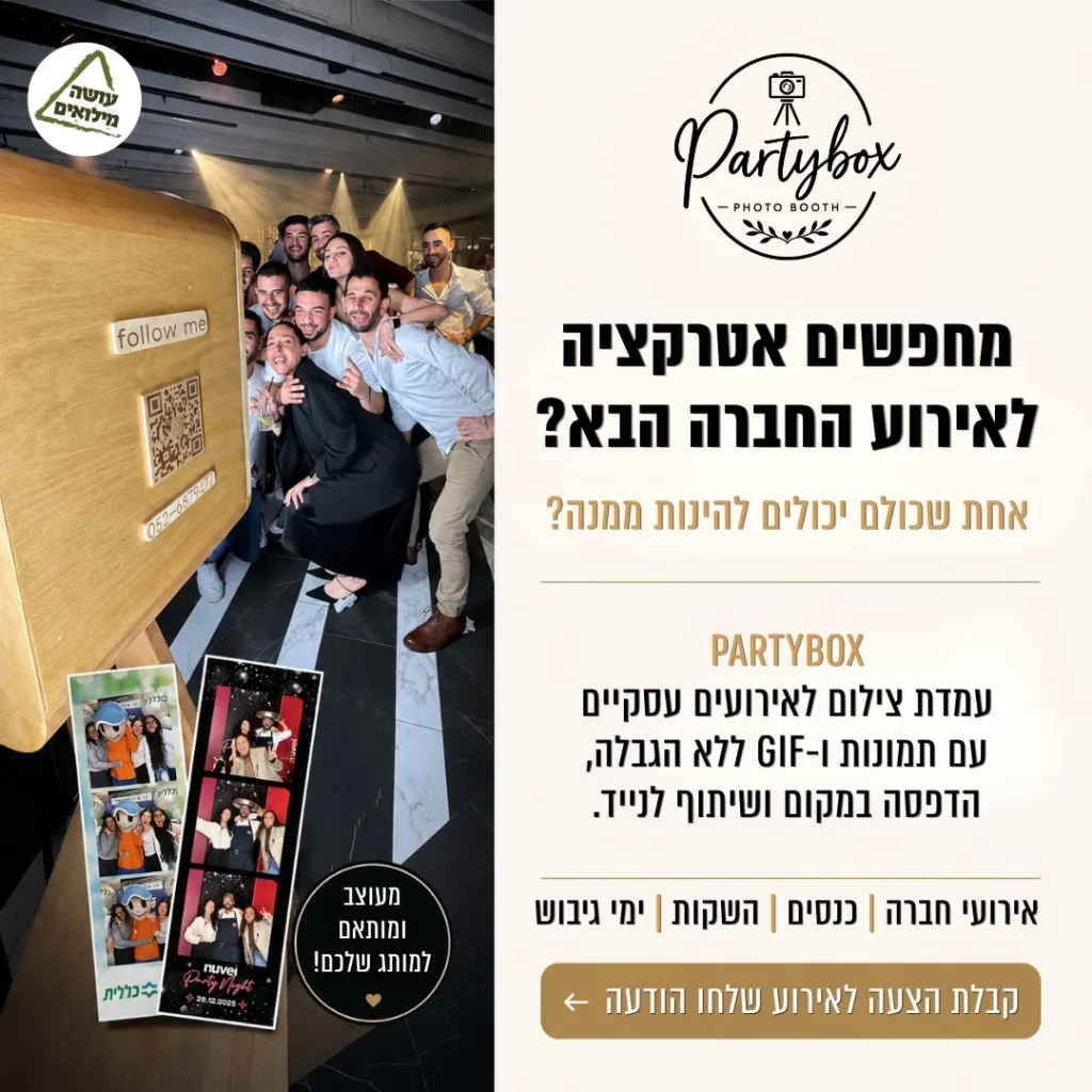 מודעת Partybox עם קבוצת עובדים מצטלמת בעמדת הצילום באירוע