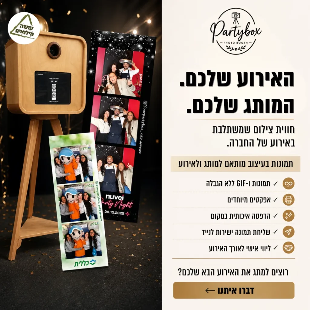 מודעת Partybox לאירועי חברה עם עמדת צימוד ורצועת תמונות ממותגת