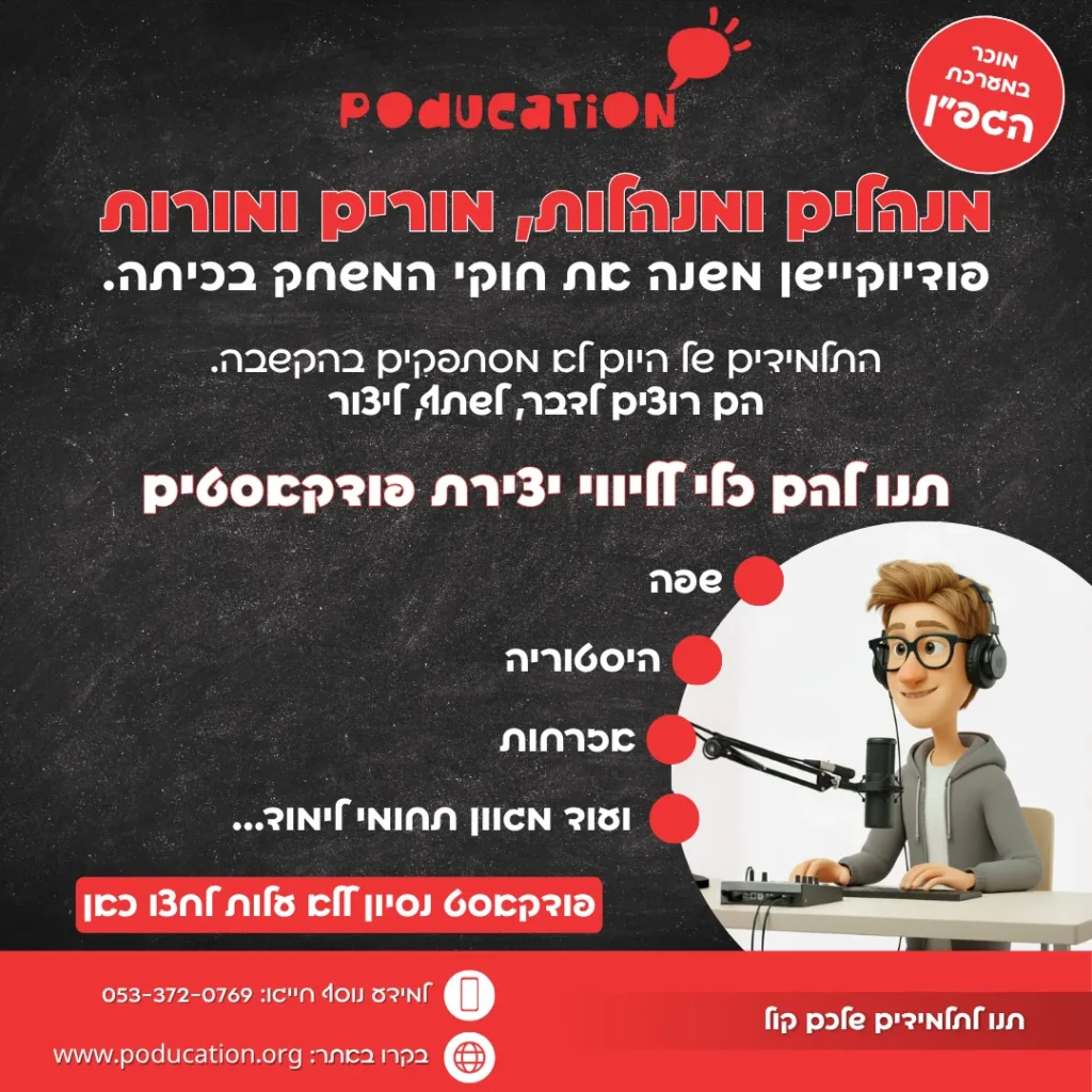 מודעת Poducation עם איור מנחה פודקאסט ורשימת תחומי לימוד על רקע כהה