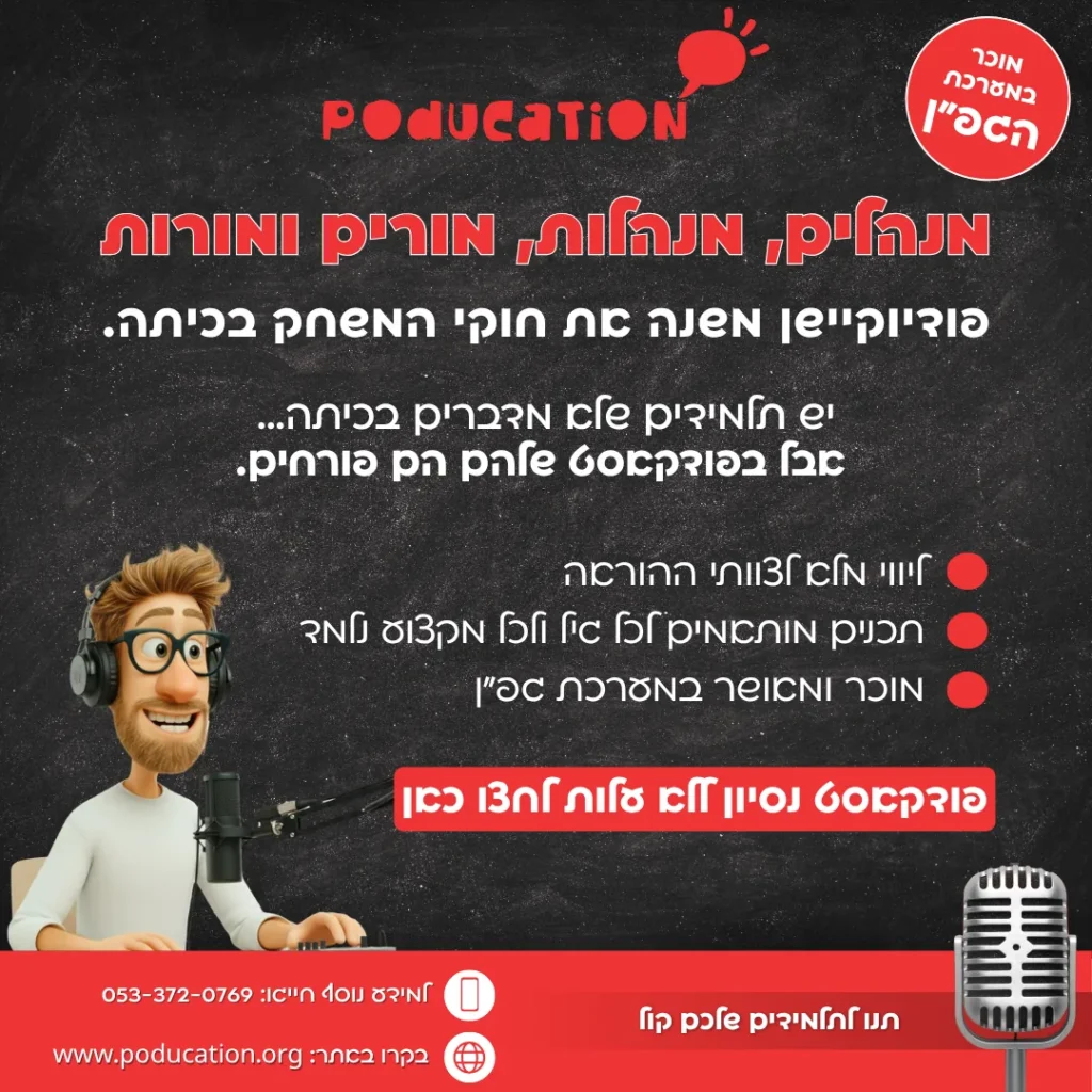 מודעת Poducation עם איור מנחה פודקאסט ומיקרופון על רקע כהה