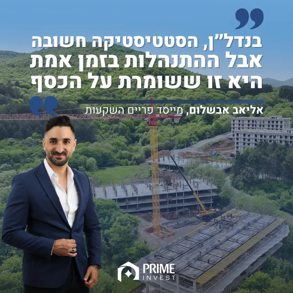 מודעת Prime Invest עם ציטוט של אליאב אבשלום על רקע אתר בנייה