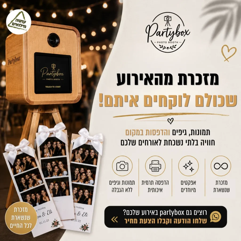 מודעת Partybox עם עמדת צילום ואייקוני שירות באירוע